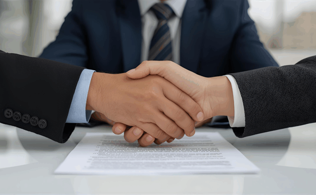 Grafika przedstawia uścisk dłoni dwóch osób w garniturach nad dokumentem, w tle widoczna jest trzecia osoba.