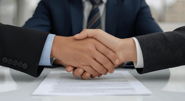 Grafika przedstawia uścisk dłoni dwóch osób w garniturach nad dokumentem, w tle widoczna jest trzecia osoba.
