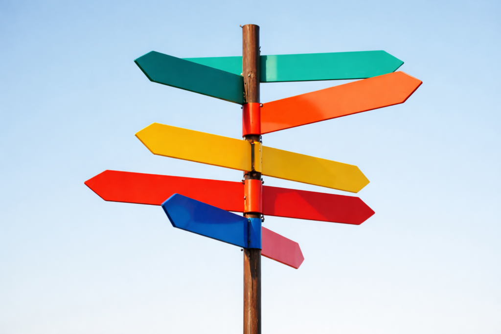 Słup z kolorowymi drogowskazami w różnych kierunkach.