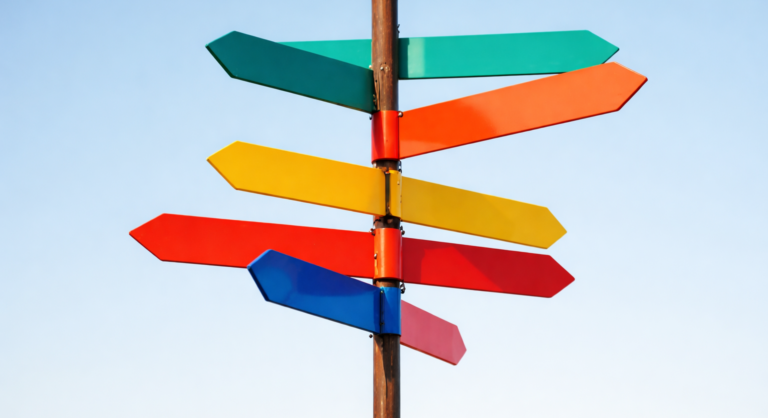 Słup z kolorowymi drogowskazami w różnych kierunkach.